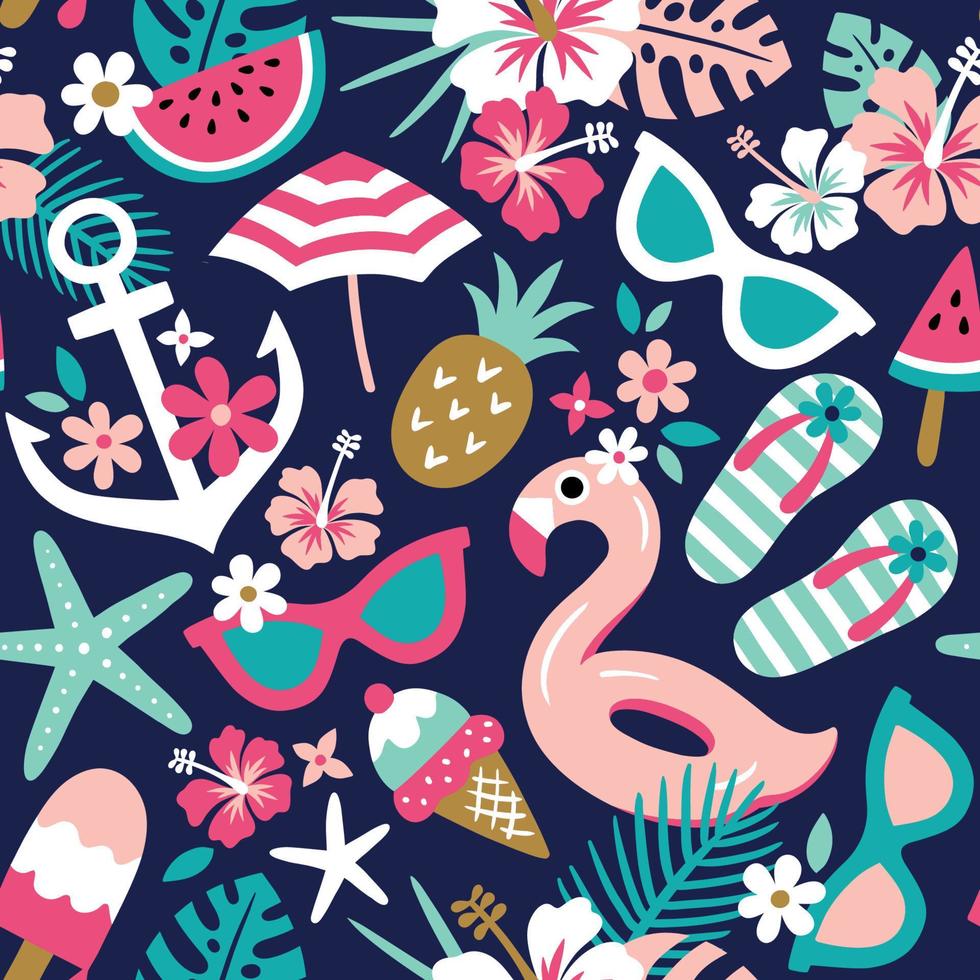 Seamless vector pattern with tropical flowers and beach accessoires