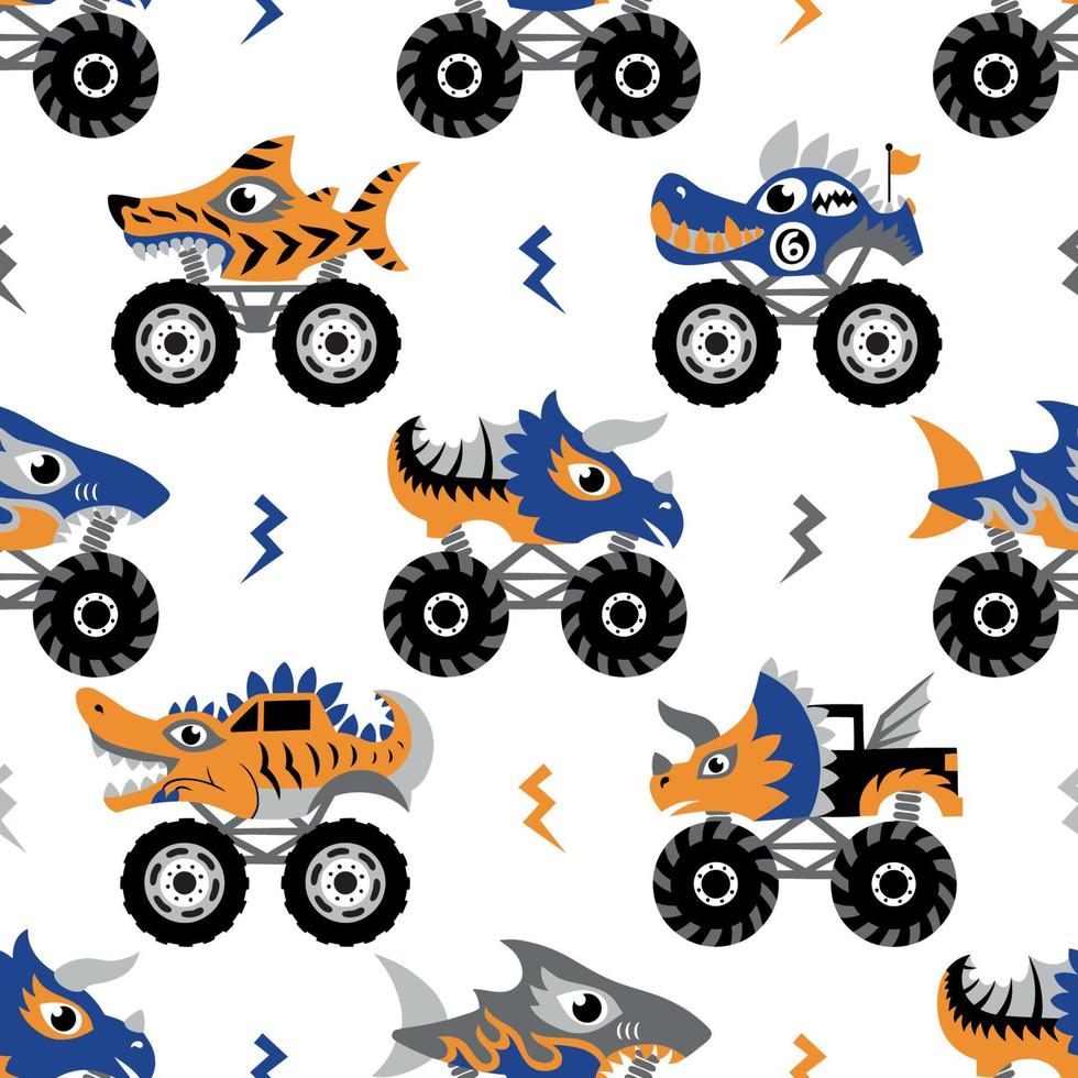 Scary animal monster trucks seamless pattern on white background. vector