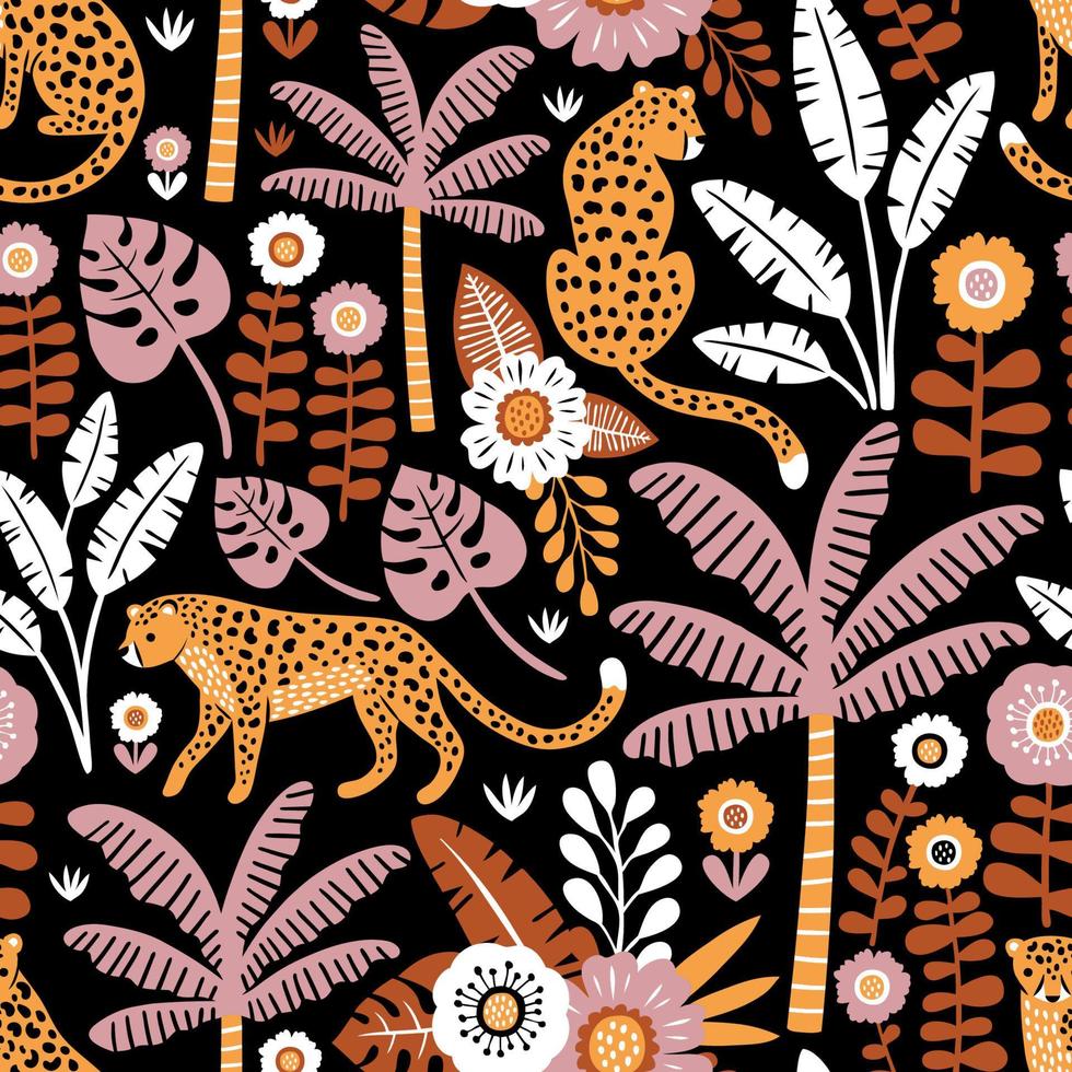Hand drawn seamless pattern with leopards, palm trees and exotic plants on black background. vector