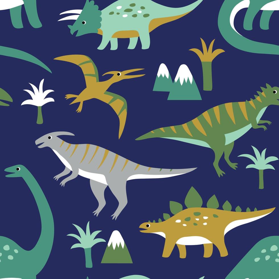 Hand drawn seamless pattern with cute dinosaurs, mountains and palm trees. vector