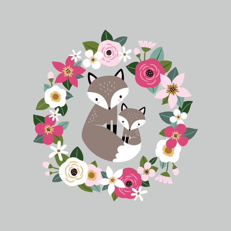 Cute hand drawn foxes in spring floral wreath. Perfect for tee shirt logo, greeting card, poster, invitation or print design. vector