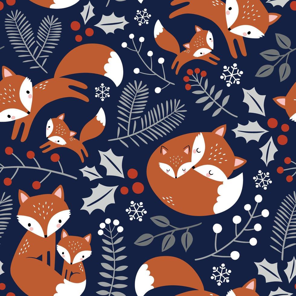 Seamless pattern with cute hand drawn fox family, leaves and snowflakes. Perfect for textile, wallpaper or print design. vector