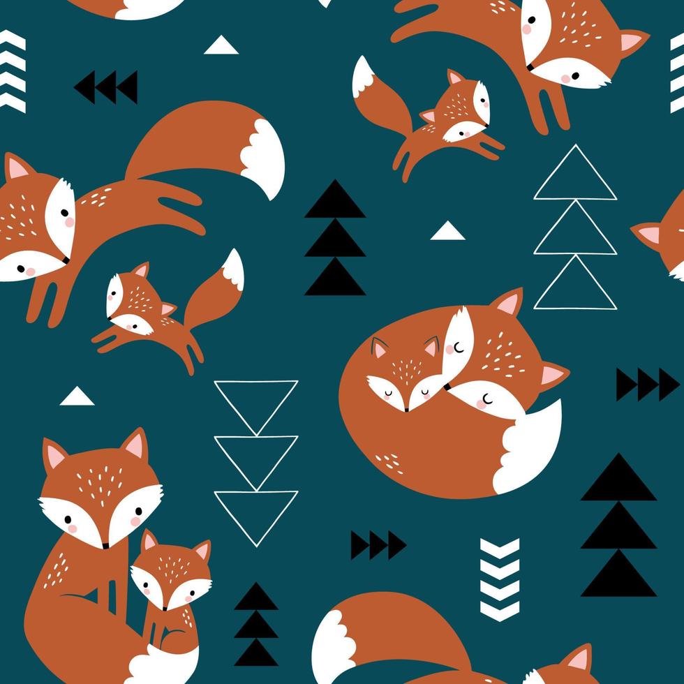 Seamless pattern with cute hand drawn foxes and geometric decoration. Perfect for textile, wallpaper or print design. vector