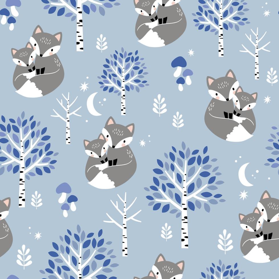 Seamless pattern with hand drawn fox family, cute baby fox and trees. Woodland nursery illustration. Perfect for textile, wallpaper or print design. vector