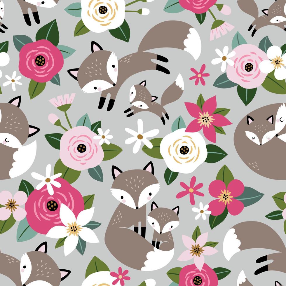 Seamless pattern with cute hand drawn fox family and flowers on lifgt grey background. Perfect for textile, wallpaper or print design. vector