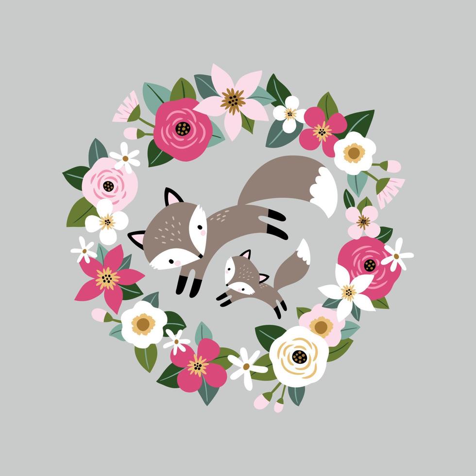 Cute hand drawn foxes in spring floral wreath. Perfect for tee shirt logo, greeting card, poster, invitation or print design. vector