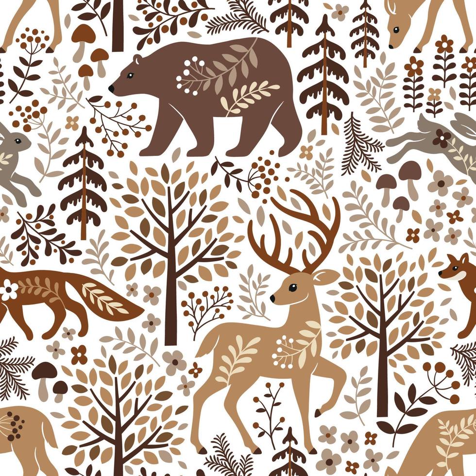 Seamless pattern with cute woodland animals, trees and leaves. Scandinavian woodland illustration. Perfect for textile, wallpaper or print design. vector