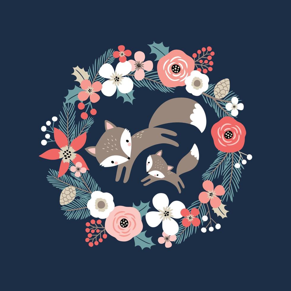 Cute hand drawn foxes in floral wreath. Perfect for tee shirt logo, greeting card, poster, invitation or print design. vector