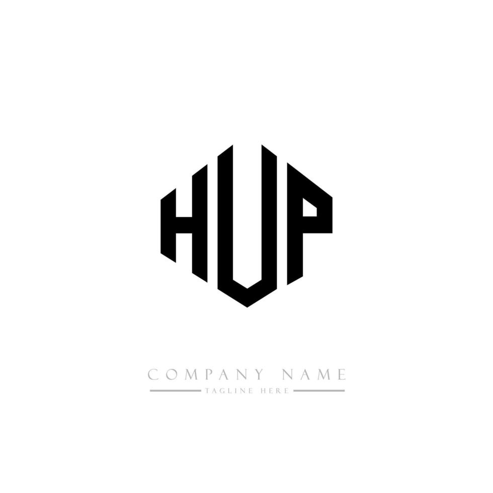 HUP letter logo design with polygon shape. HUP polygon and cube shape logo design. HUP hexagon vector logo template white and black colors. HUP monogram, business and real estate logo.