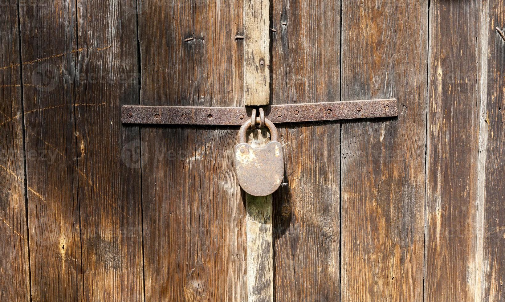 Old padlock on wooden door photo