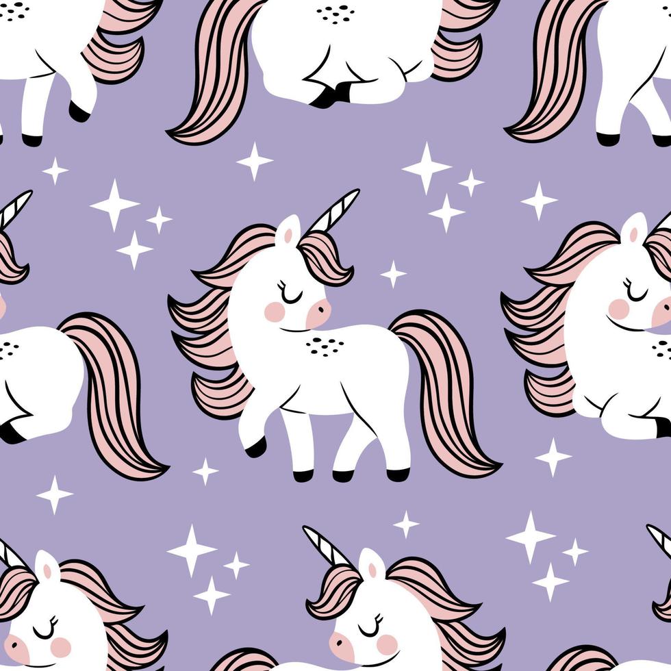 Hand drawn seamless vector pattern with cute baby unicorns