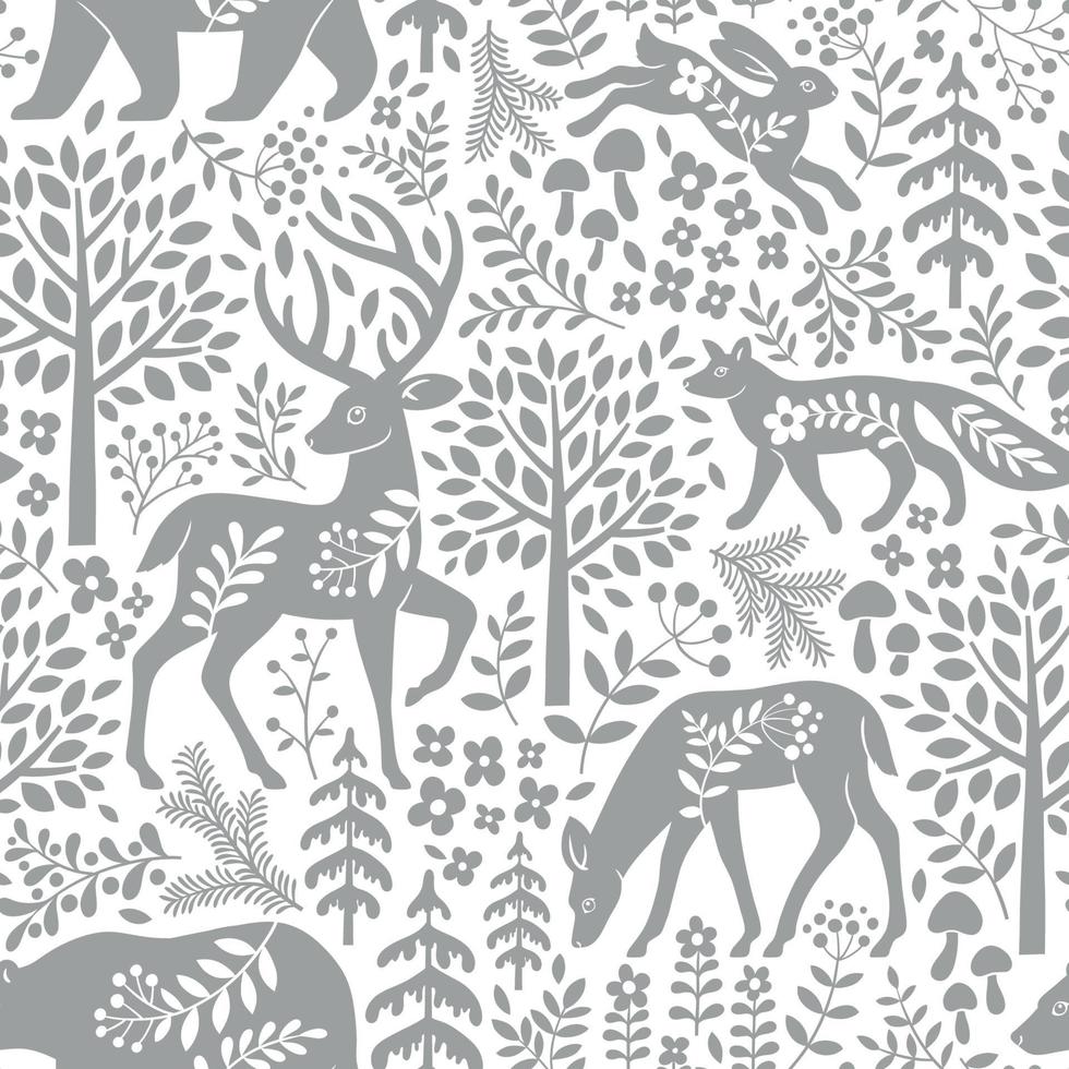 Seamless pattern with deer, fawn, trees and leaves. Scandinavian woodland illustration. Perfect for textile, wallpaper or print design. vector