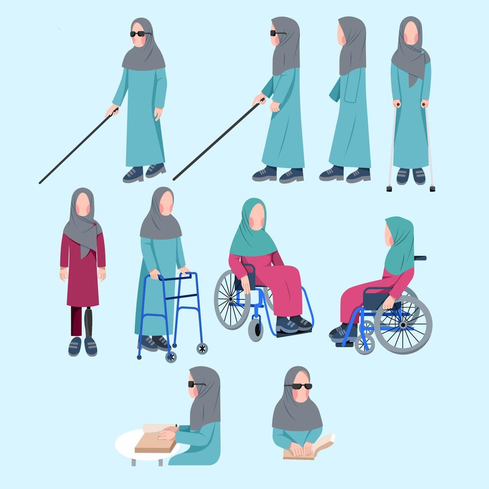 set of disabled muslim woman character vector