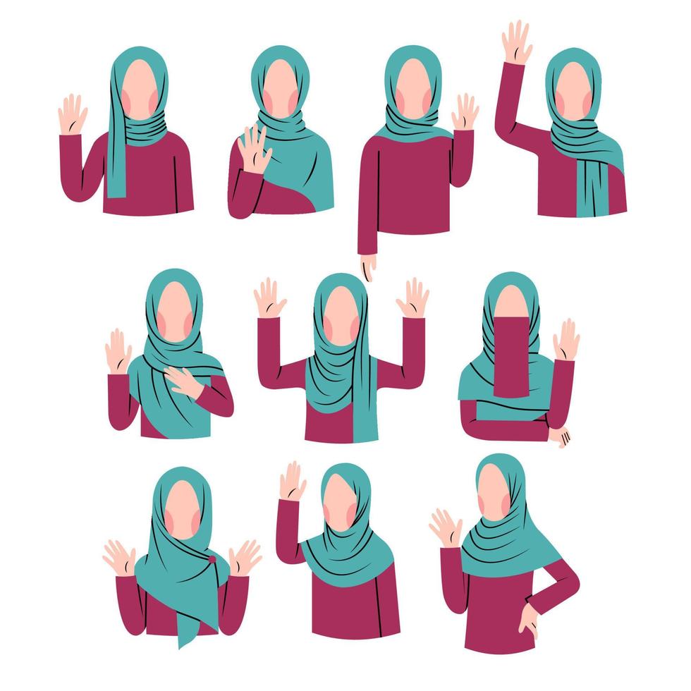 conjunto de mujer musulmana agitando el personaje de la mano vector