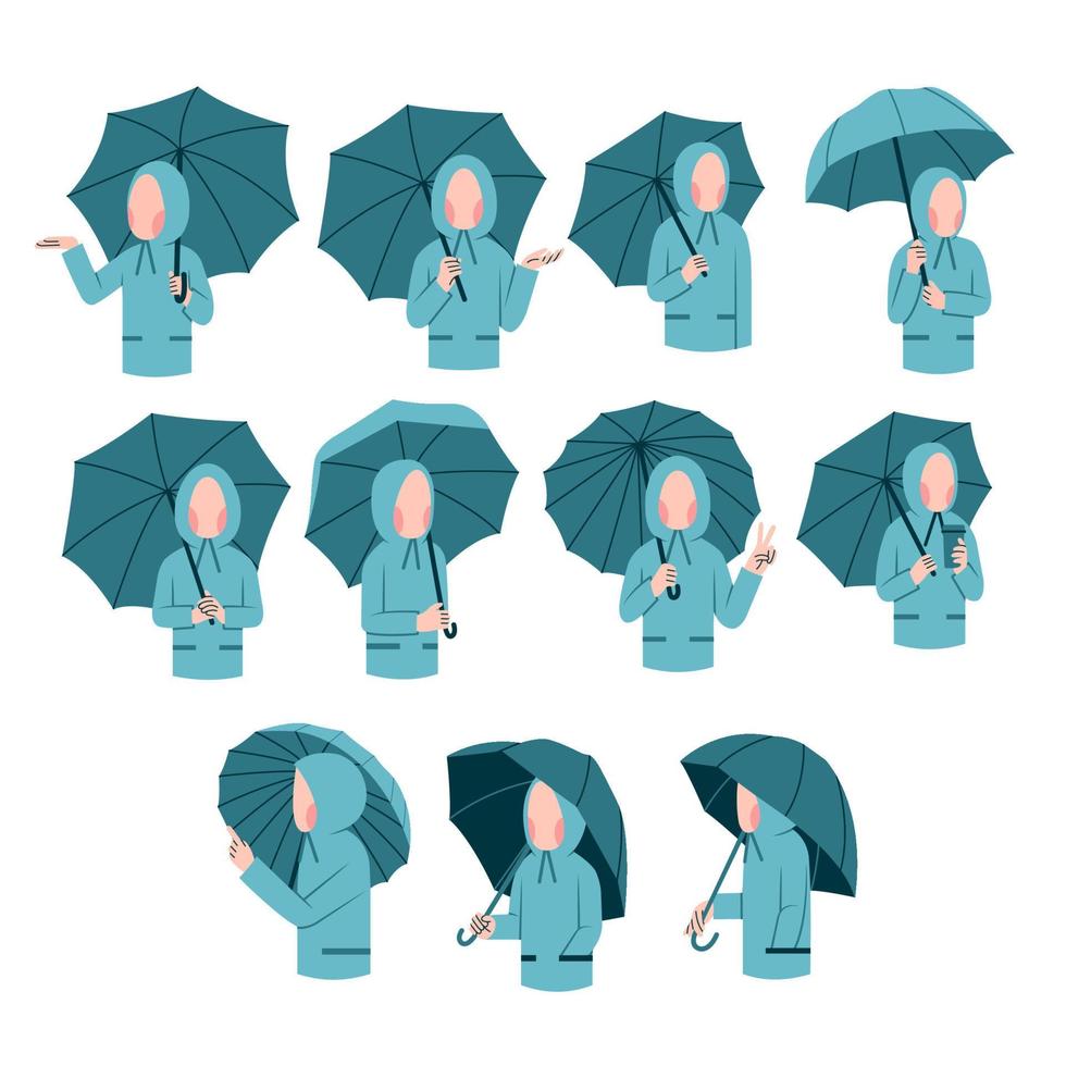Set of cute girl character holding umbrella vector
