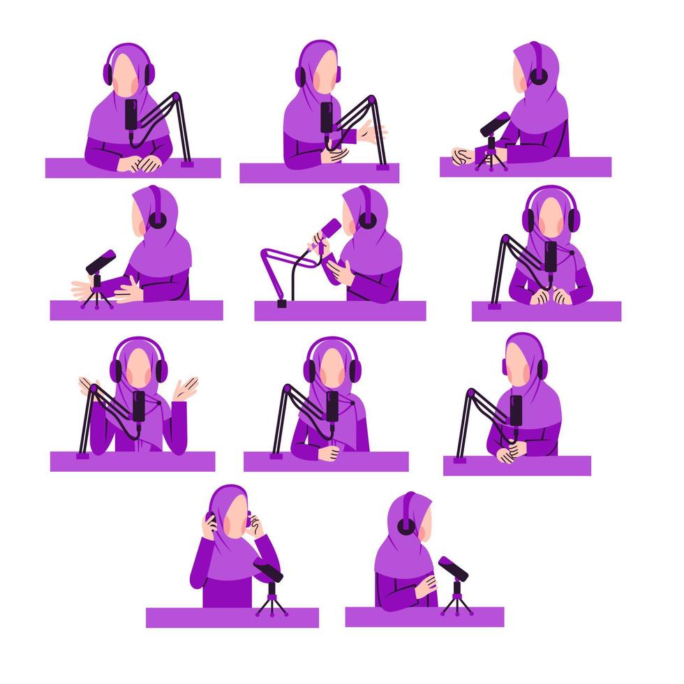 Set of Muslim Woman Podcaster Character vector