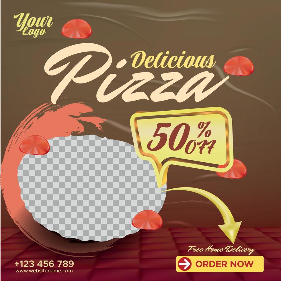 plantilla de banner de publicación de redes sociales de promoción de menú de comida de pizza deliciosa. vector