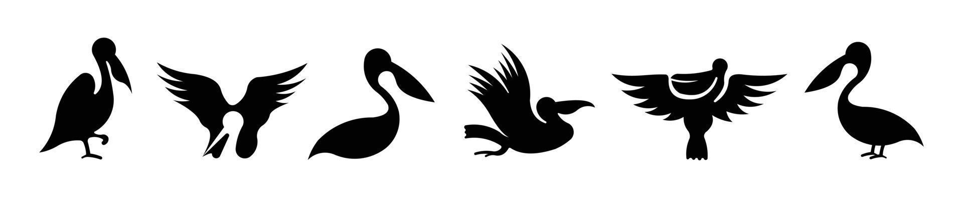 Set of silhouettes of pelican in black.Vector black pelican silhouette isolated on white background vector