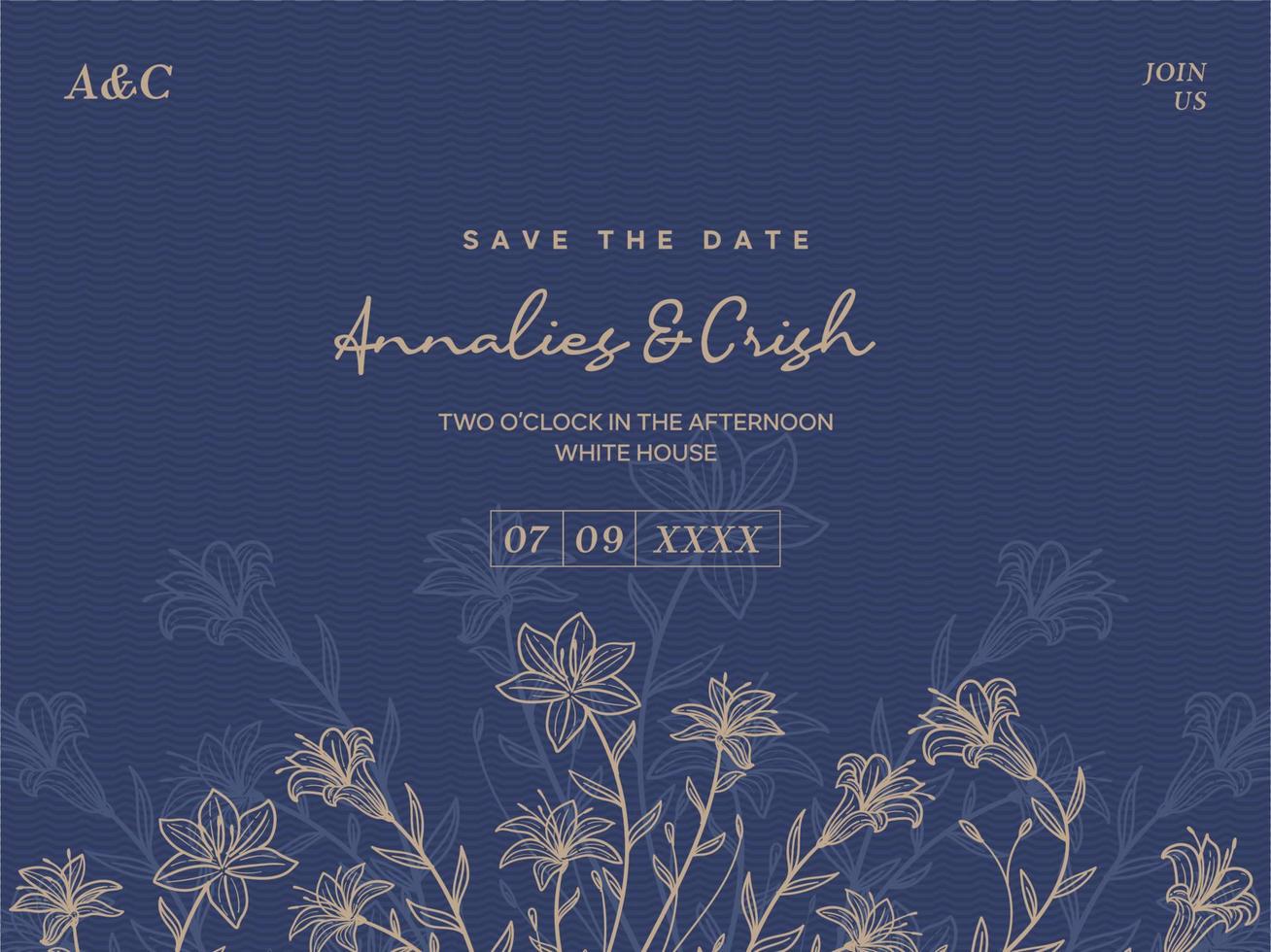 Wedding invitation with floral vector line art