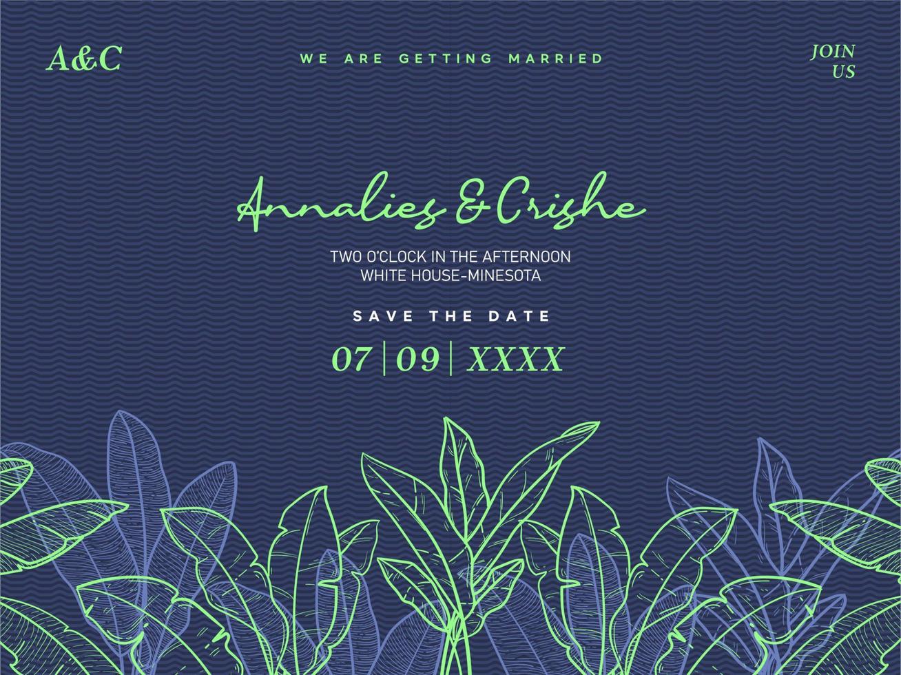 Wedding invitation with floral vector line art