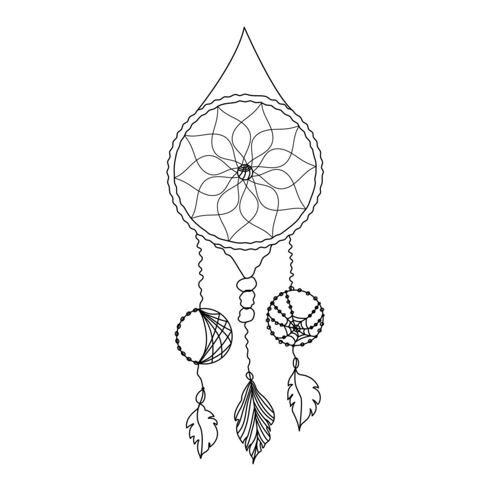 Hand Drawn Dreamcatcher with spiderweb, threads, beads and feathers. Native american symbol in boho style. vector