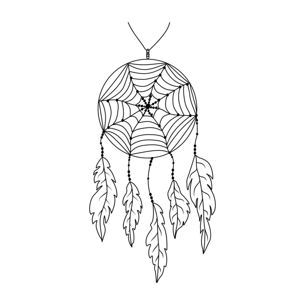 Hand drawn dreamcatcher with spiderweb, threads, beads and feathers. Native american symbol in boho style. vector