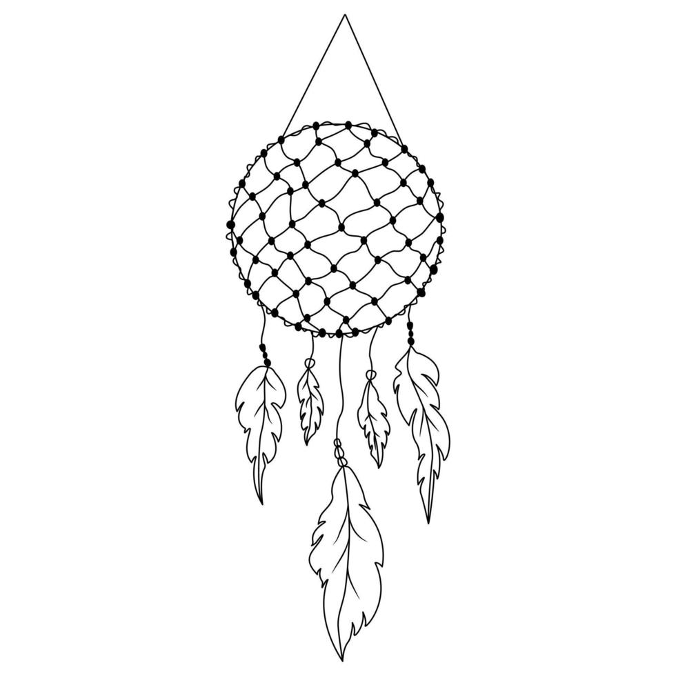 Hand Drawn Dreamcatcher with fishing net, threads, beads and feathers. Native american symbol in boho style. vector