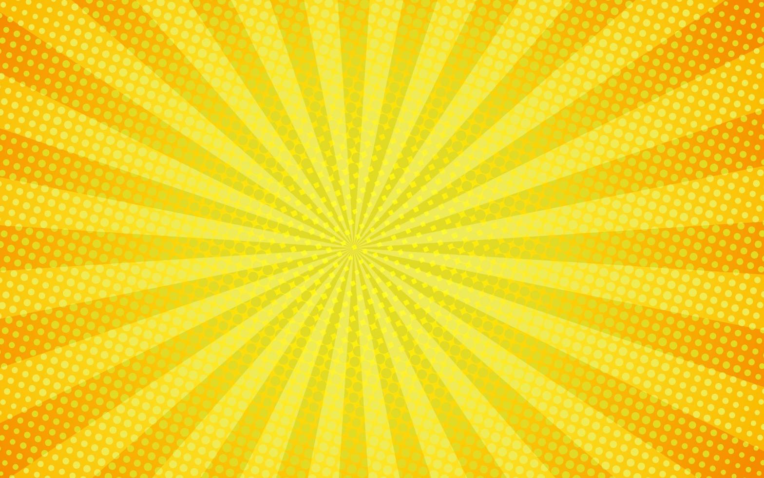 Sun rays retro vintage style on yellow and orange background, Comic pattern with starburst and halftone. Cartoon retro sunburst effect with dots. Rays. Summer banner vector illustration.