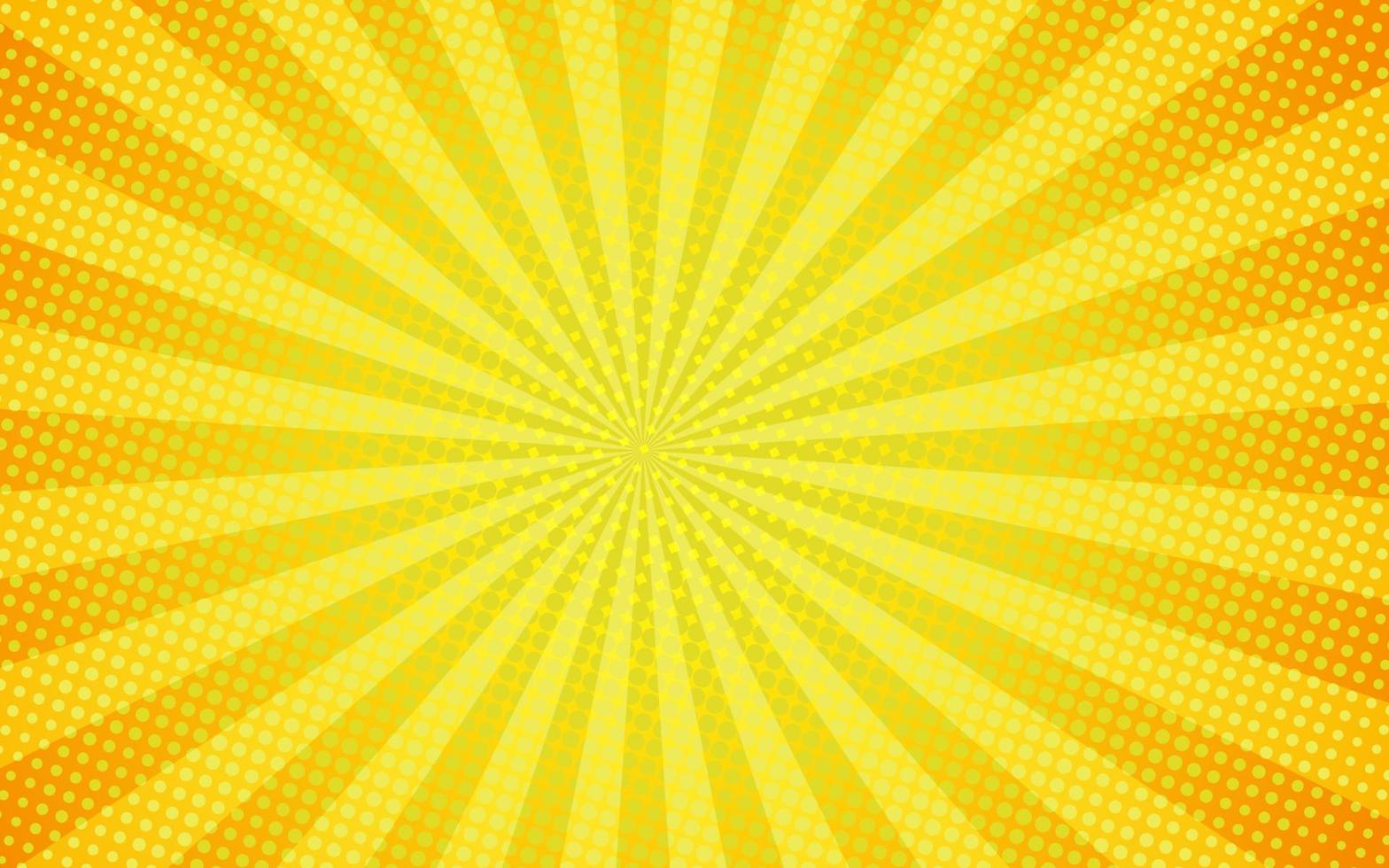 rayos de sol estilo retro vintage sobre fondo amarillo y naranja, patrón cómico con estallido de estrellas y medios tonos. efecto de explosión de sol retro de dibujos animados con puntos. rayos ilustración de vector de banner de verano.