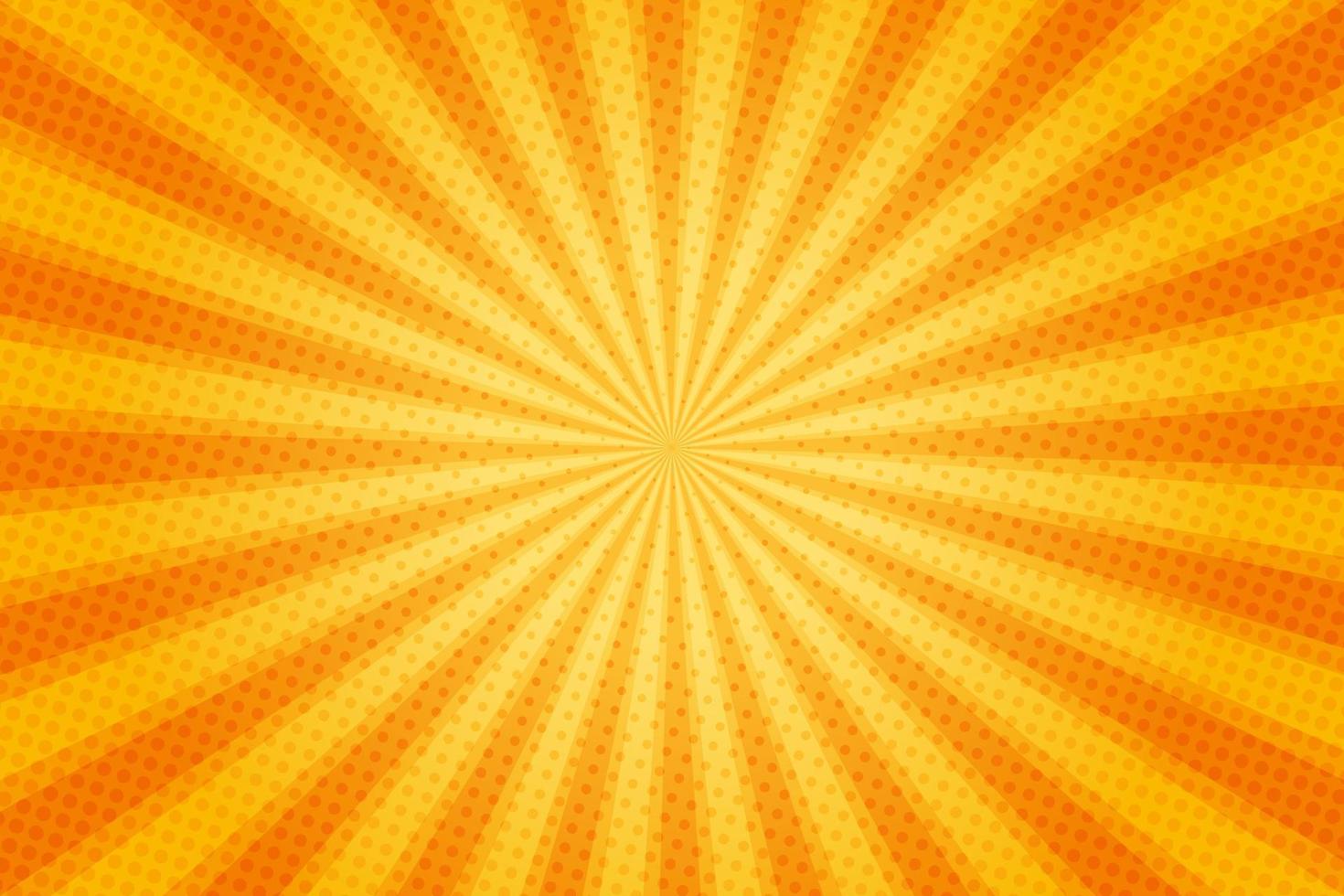 rayos de sol estilo retro vintage sobre fondo amarillo y naranja, patrón cómico con estallido de estrellas y medios tonos. efecto de explosión de sol retro de dibujos animados con puntos. rayos ilustración de vector de banner de verano.