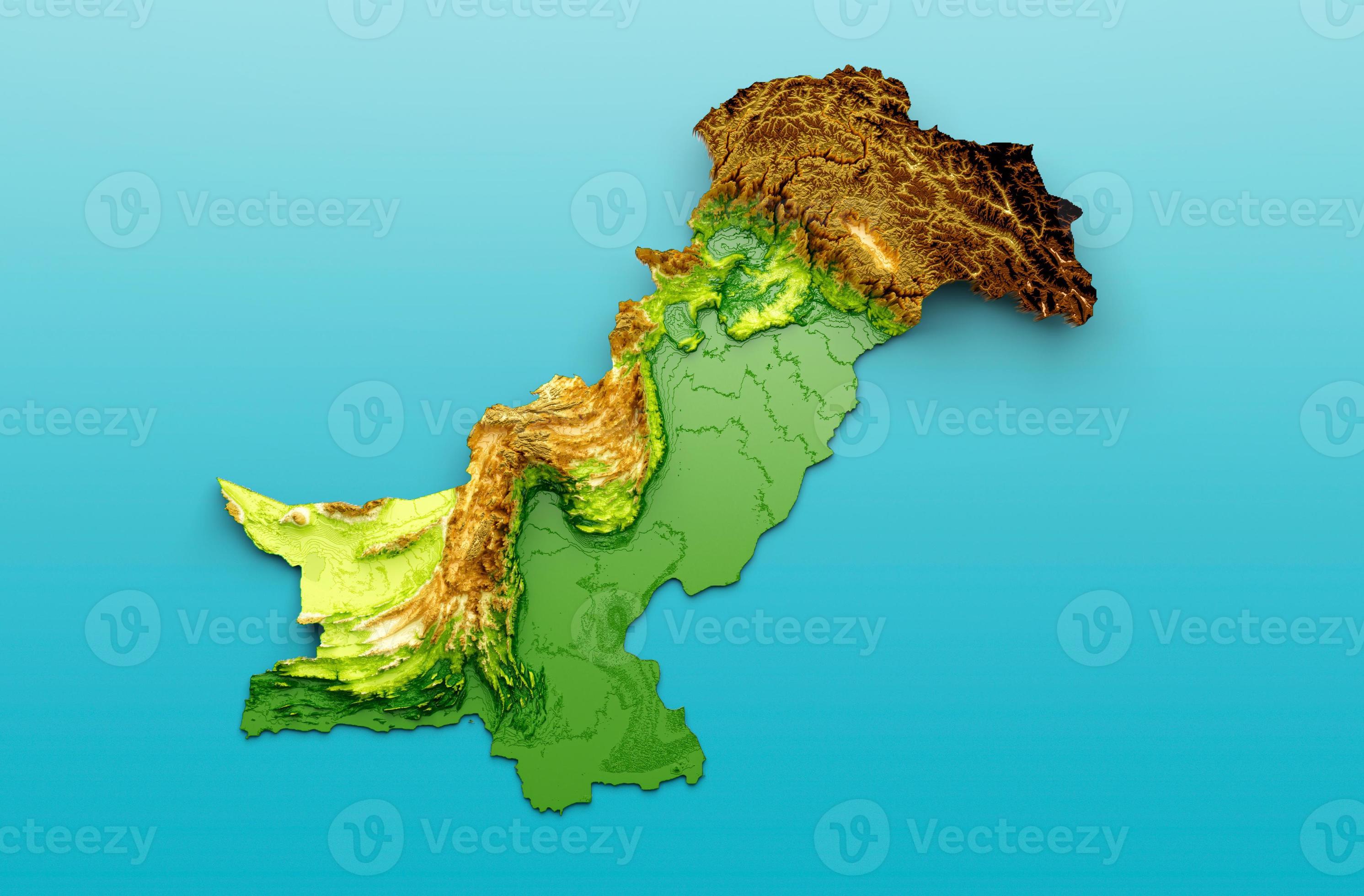 Pakistan Map Shaded relief Color Height map on the sea Blue Background