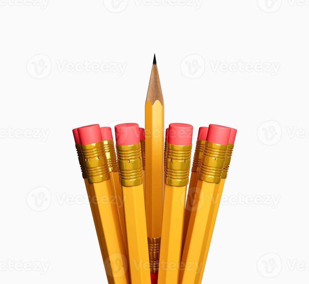 A Sharp pencil among pencil erasers. One sharpened pencil standing out from the blunt ones 3d illustration photo
