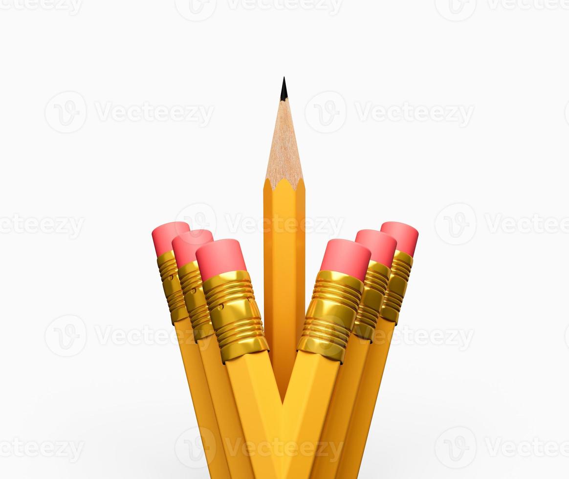 A Sharp pencil among pencil erasers. One sharpened pencil standing out from the blunt ones 3d illustration photo