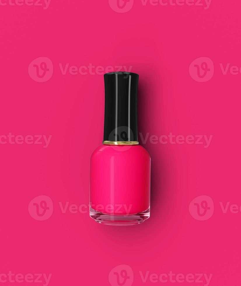 Creative flat lay of fashion bright Pink nail polish on a colorful background. Minimal style Top view 3d illustration photo