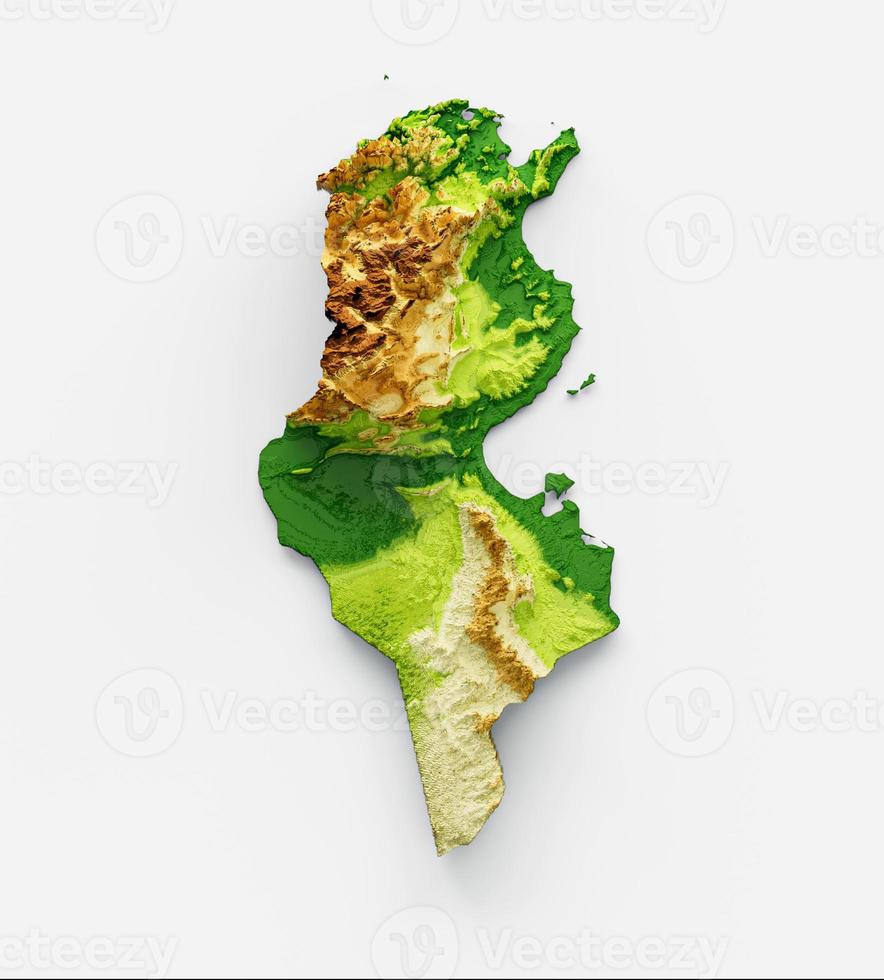 Tunisia Map Shaded relief Color Height map on white Background 3d illustration photo