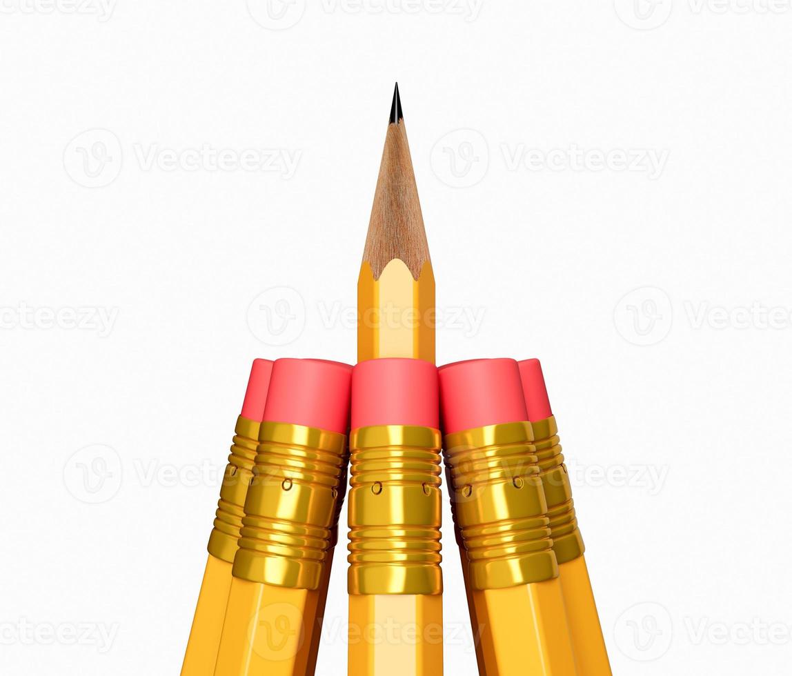 A Sharp pencil among pencil erasers. One sharpened pencil standing out from the blunt ones 3d illustration photo
