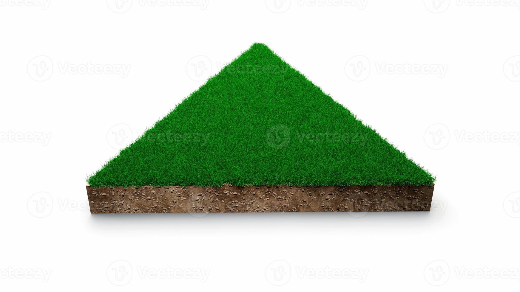 Triangle shape soil land geology cross section with green grass, earth mud cut away isolated 3D Illustration photo