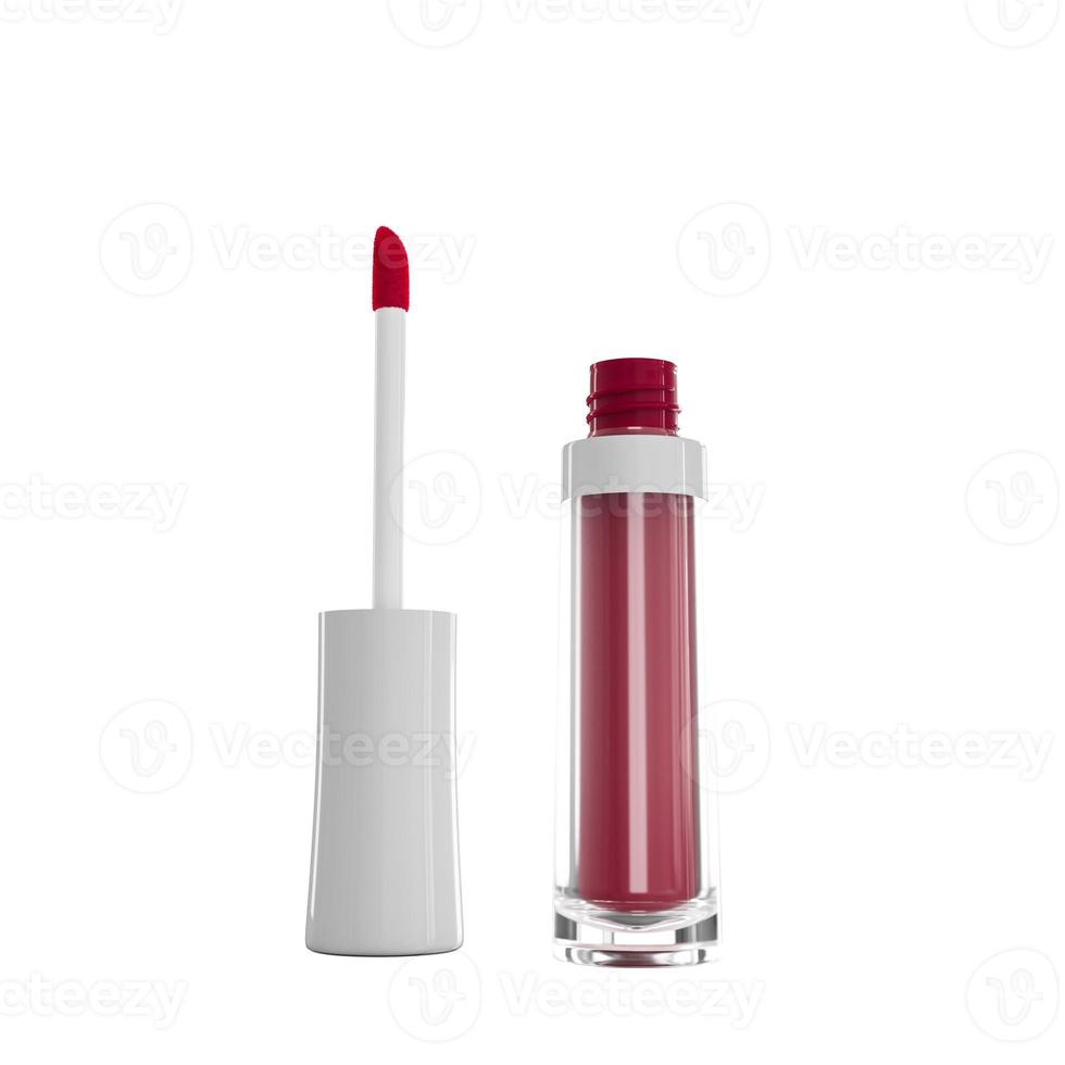 Liquid lipstick, Lip gloss in elegant glass bottle with White lid, open container with brush, isolated . Make up smear 3d illustration photo