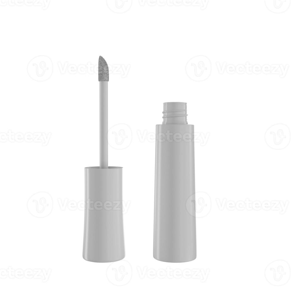 lápiz labial líquido, brillo de labios en una elegante botella de vidrio con tapa blanca, recipiente abierto con cepillo, aislado. maquillaje frotis ilustración 3d foto