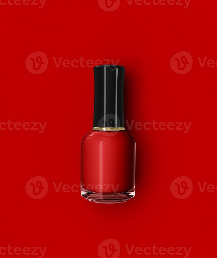Creative flat lay of fashion bright Red nail polish on a colorful background. Minimal style Top view 3d illustration photo