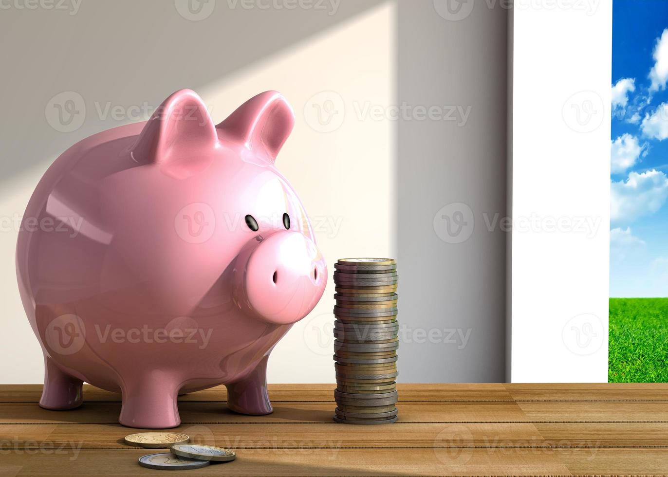 Piggy bank on table photo