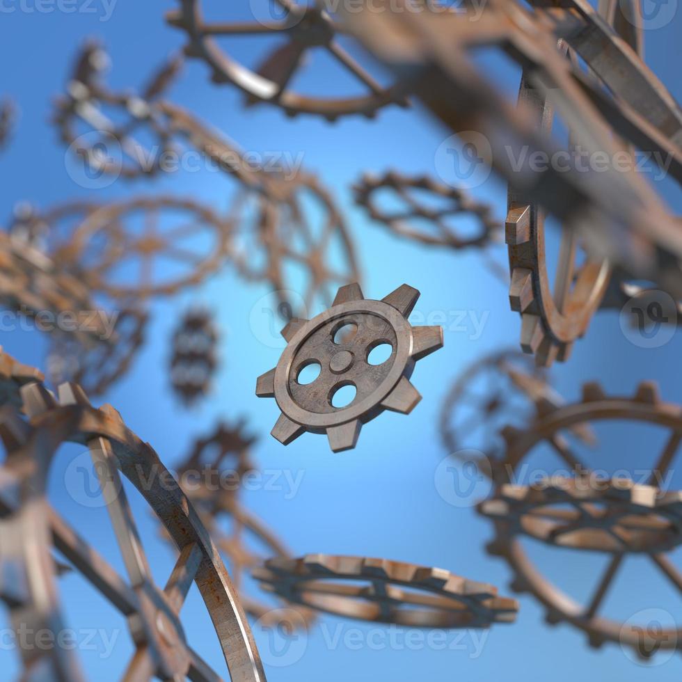 Gears flying over blue background photo