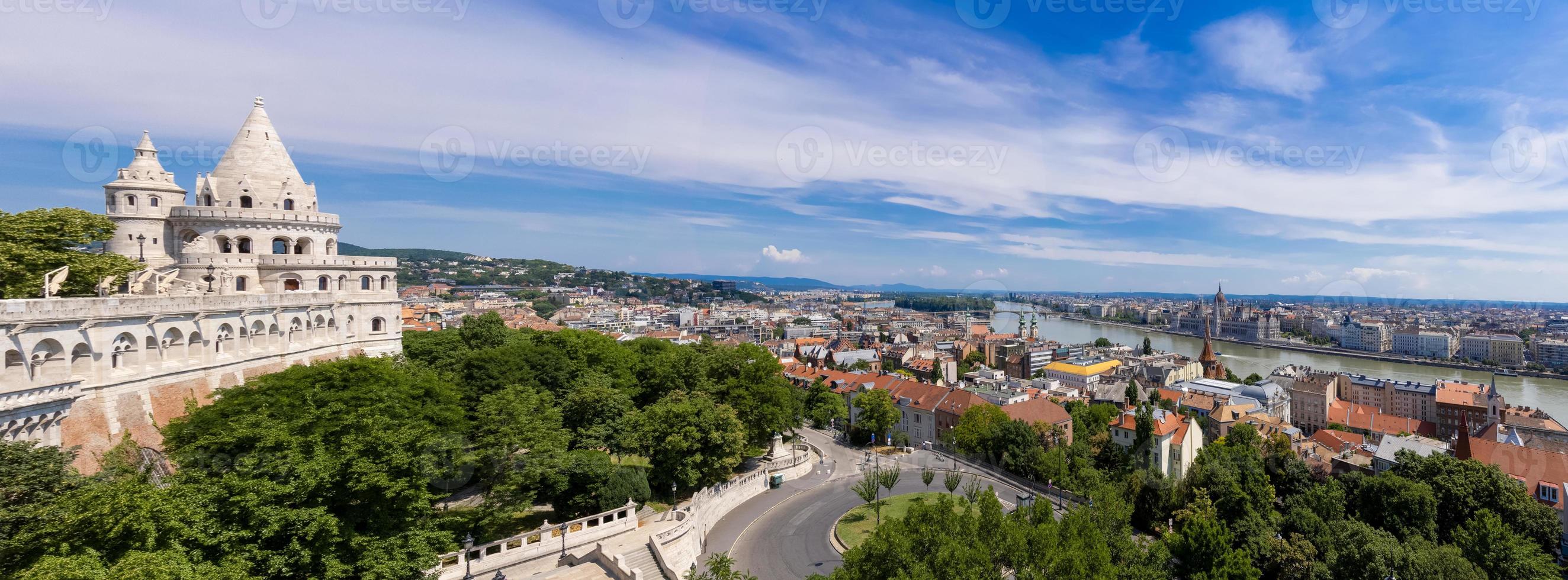 Hungary, panoramic view and city skyline of Budapest historic center from Fisherman Bastion photo