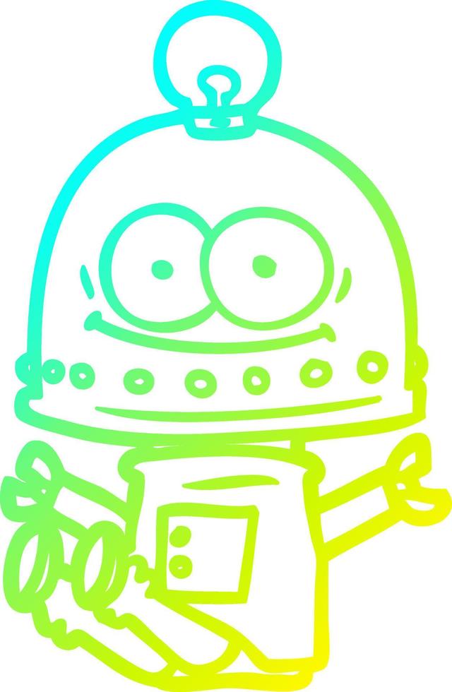 línea de gradiente frío dibujo robot de cartón feliz con bombilla vector