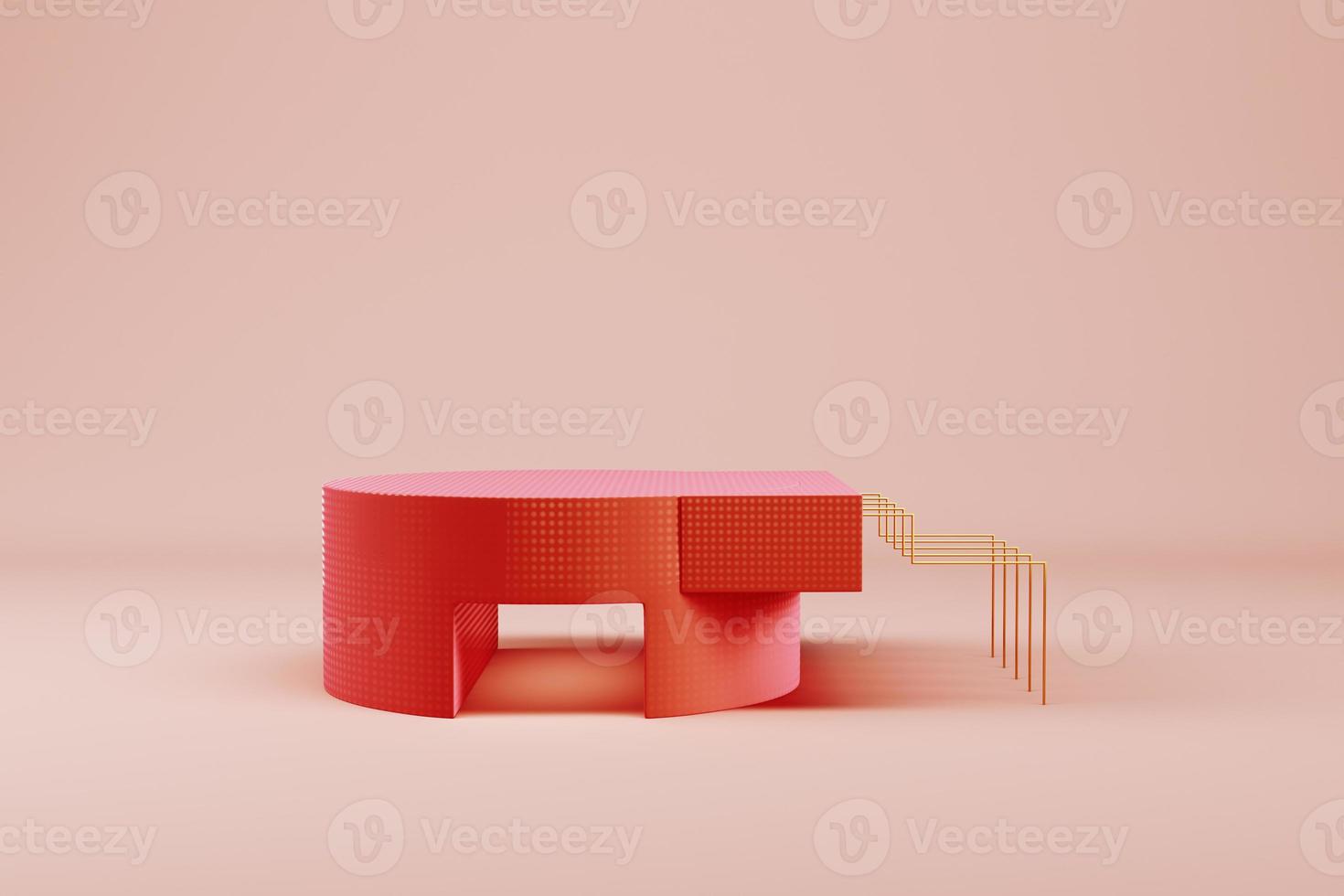 Red cylindrical pedestal with abstract geometric shapes on pastel color background for product display photo