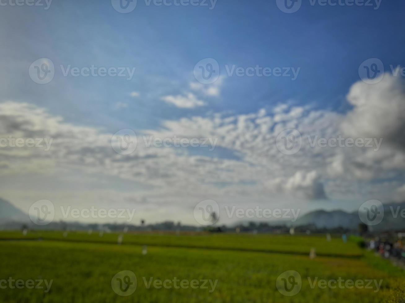 defocused abstract background of rice field and mountain with blue sky in background photo