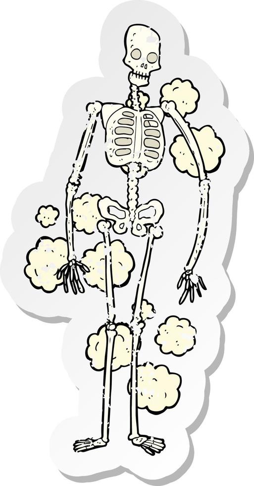 retro distressed sticker of a cartoon dusty old skeleton vector