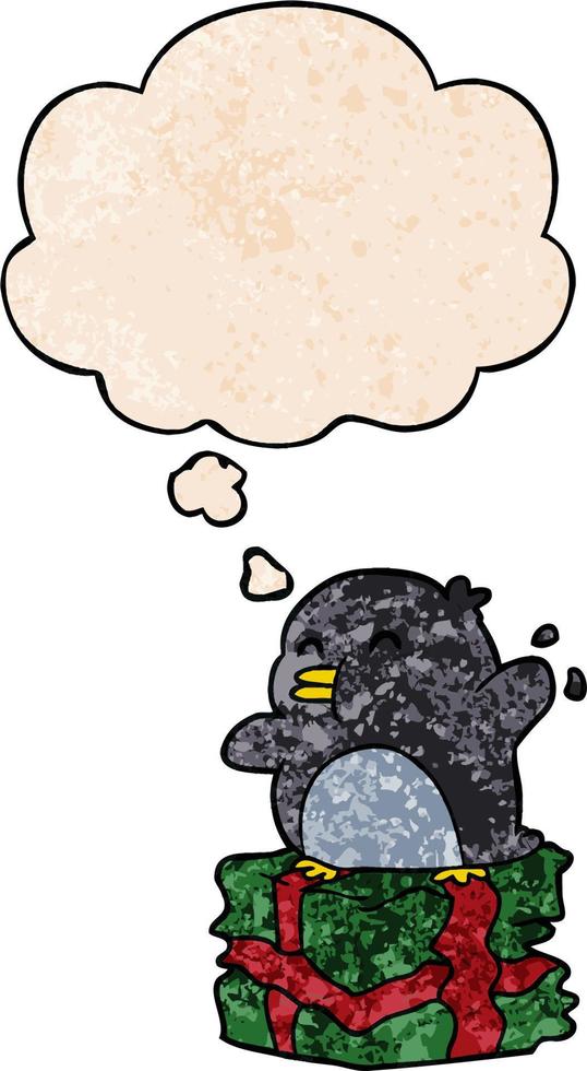 cartoon penguin on present and thought bubble in grunge texture pattern style vector