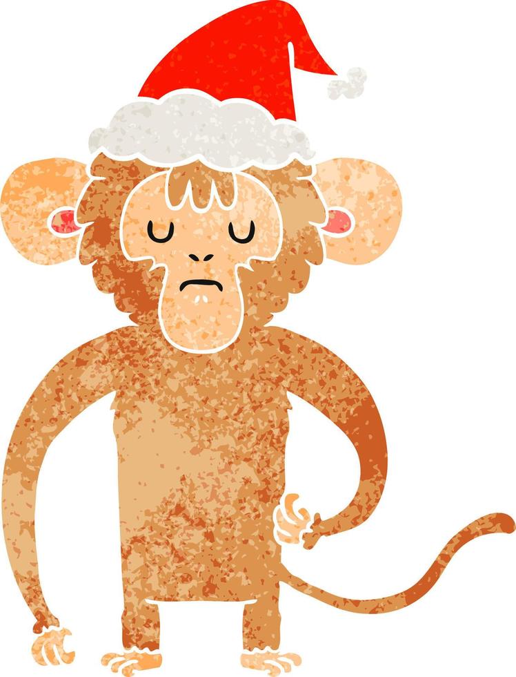retro cartoon of a monkey scratching wearing santa hat vector