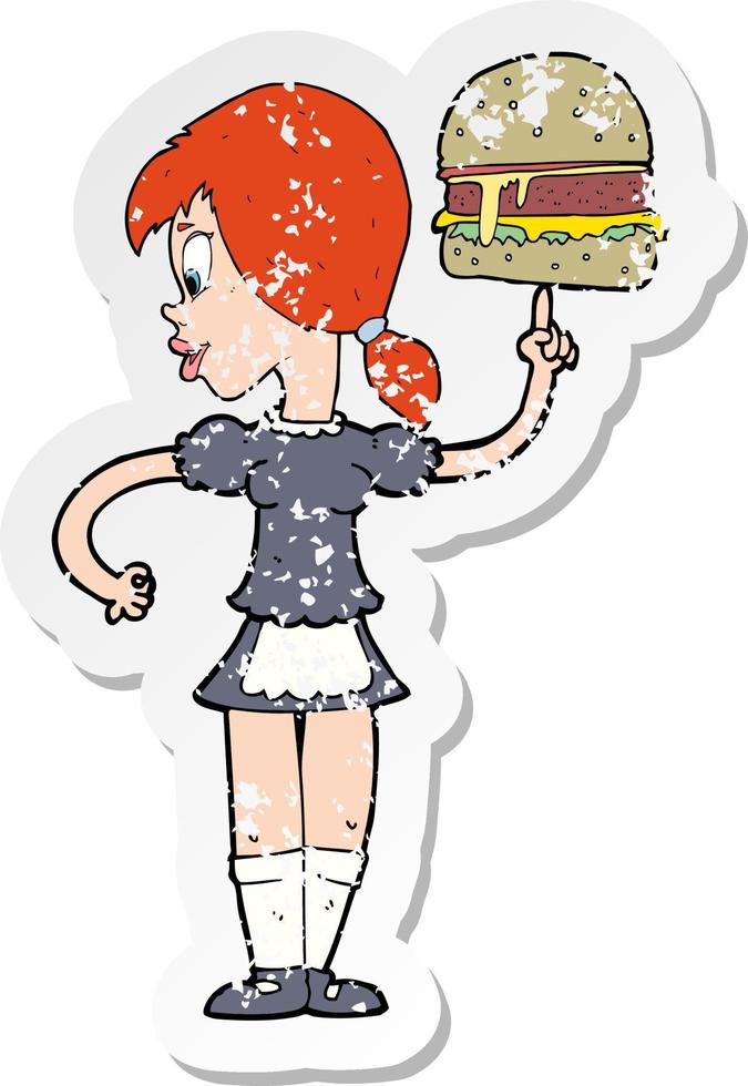 retro distressed sticker of a cartoon waitress serving a burger vector